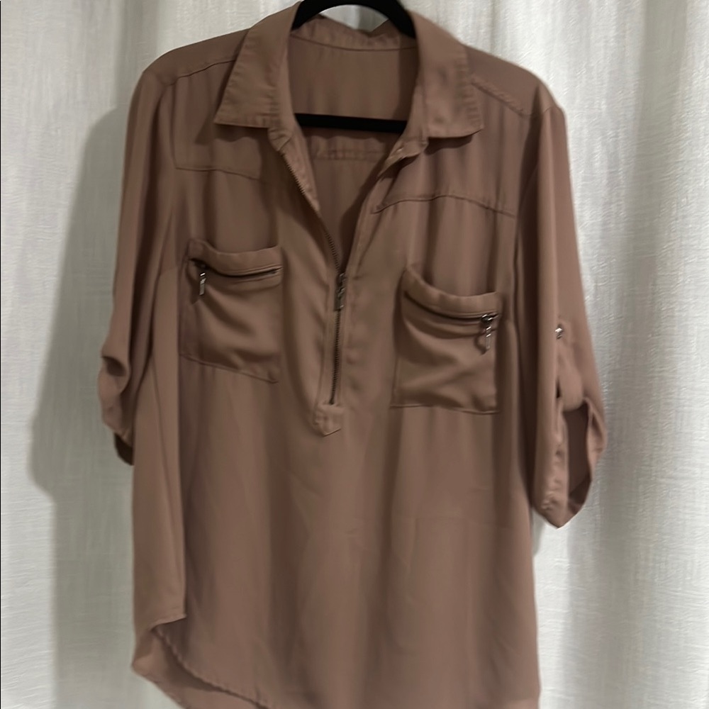 Women's Tan Blouse with Zipper Pockets